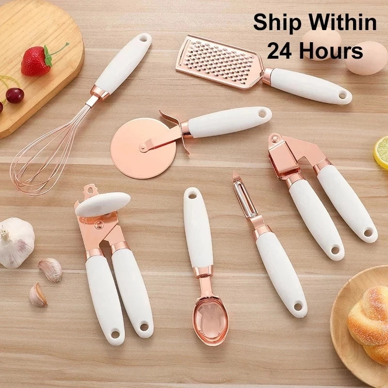 4-7PCS Rose Gold Garlic Press Pizza Cutter Kitchen Gadget Set