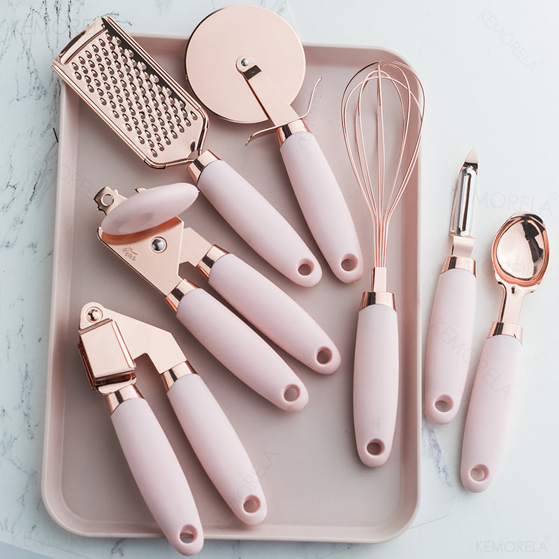 4-7PCS Rose Gold Garlic Press Pizza Cutter Kitchen Gadget Set