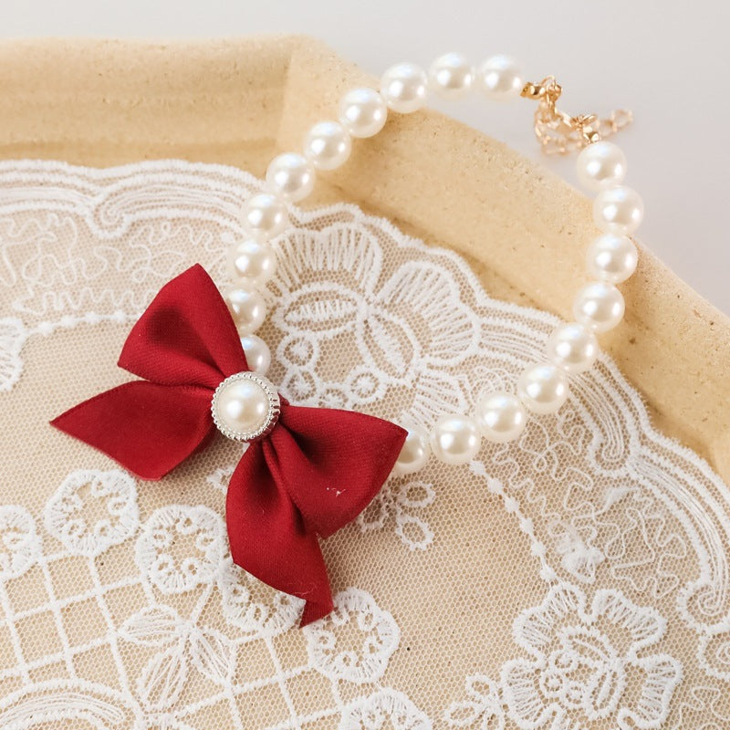 Adjustable Pearl Pet Collar with Bell and Bow